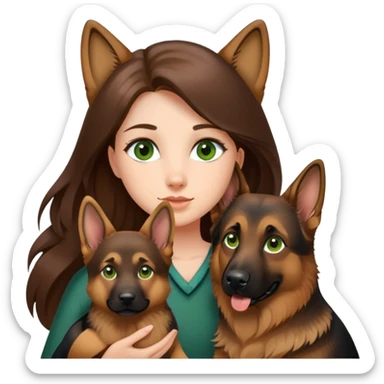 girl with long brown hair and green eyes holding a german shepherd  sticker