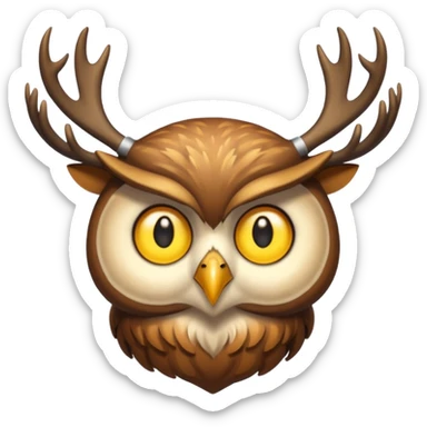 Emoji chouette perchée brun clair, yeux jaunes brillants,bois de cerf imposants sur la tête, sagesse et puissance. Avec majesté sticker