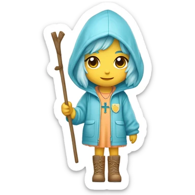 Cute little girl with light blue hair with peach skin, with yellow raincoat hooded with boots holding a wooden staff, with a cross necklace, Sanrio design sticker