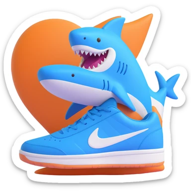 blue shark with blue Nike tennis shoes, smiling and waving sticker
