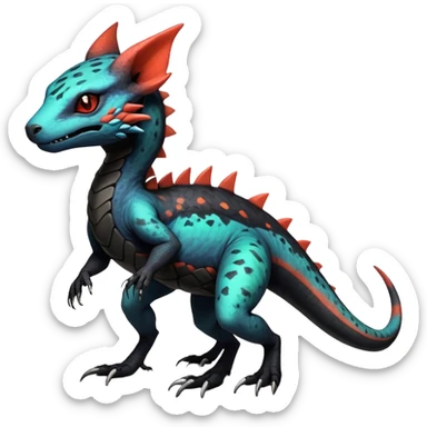 Rare realistic exotic edgy warm-colored dark gothic cool badass epic pretty beautiful handsome gorgeous aesthetic colorful vibrant Vernid-Trico-species-Fakemon-Salandit-hybrid-creature by LiLaiRa, 4 legs, 1 tail, random markings, (full body) sticker
