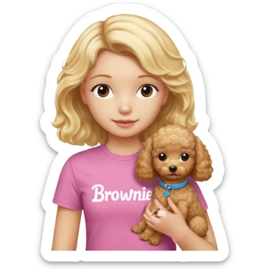 hazme un emoji que sea una niña rubi con el pelo ondulado i una camiseta rosa que ponga brownie, i acariciando a un perro (caniche toy) sticker