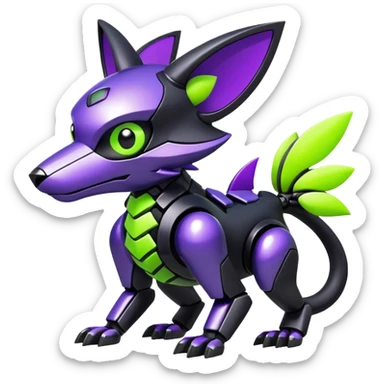 Futuristic modern mechanical badass cool shiny metallic alloy black-obsidian purple neon-green white lime animal hybrid Fakemon full body sticker