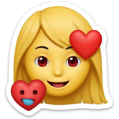 yellow emoji face holding a heart and hes so happy with emo hair covering one eye so happy with teeth and tongue sticker