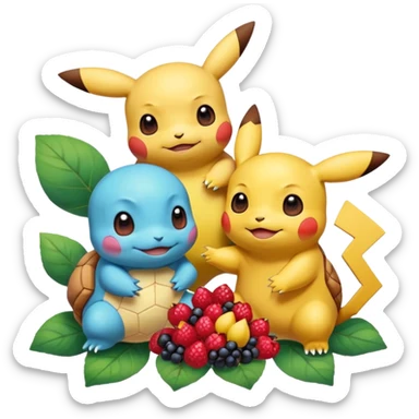 Two Pokémon are playing in a field. Pikachu has many berries, but Squirtle has none. Pikachu sees this is unfair, so he shares the berries with Squirtle. They smile and eat together. Show this as a cute Pokémon emoji scene about justice and fairness. sticker