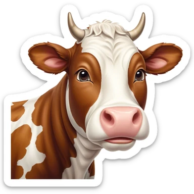 Meme-Worthy Cute Sleeping Brown and White Cow Portrait Emoji, Head resting peacefully with a contented smile, showcasing a robust build and a luxuriously soft patterned hide of brown and white, eyes shut in a serene, restful nap, Simplified yet hilariously adorable features, highly detailed, glowing with a soft, drowsy light, high shine, relaxed and utterly lovable, stylized with an air of playful laziness, bright and heartwarming, soft glowing outline, capturing the essence of a comically sleepy cow, so meme-worthy it feels like it could instantly become the next viral sensation of adorable slumber! sticker