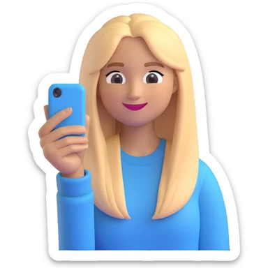 3D emoji style character with long straight blonde hair, light skin, winking, wearing a light sweater, selfie pose sticker
