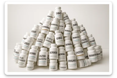 montagna di barattoli di integratori contro la SIBO con etichette in italiano sticker