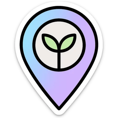 minimal icon for Nora the nutrition navigator, stylized compass or location pin with leaf or sprout motif, soft gradient of light blue, light purple, and light gray, no human features sticker