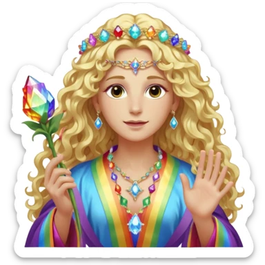 a being made of light pleidian nordic long faces and curly huge thick blond hair but beautiful features of light wearing jewels and a rainbow halo like a saint arount her a robe on made of light and gem  transparent belly dancer and who is lanky holding a bouquet of crystal flowers on rainbow fire sticker