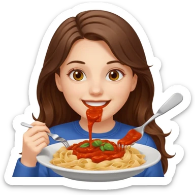smiling white long brunette hair girl with hazel eyes eating pasta sticker