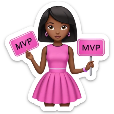 Black barbie, short  black bob  hair, pink dress with a sign that says mvp sticker