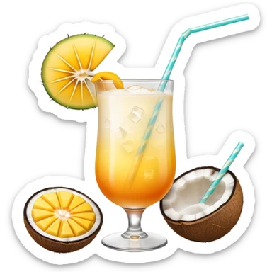 A beautiful cocktail with a creamy white to orange gradient, containing coconut juice and mango, reminiscent of summer. Above, there are tropical flowers, lemon slices, and a straws. sticker