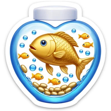 Golden omega-3 fish oil capsule with small fish swimming around it, blue liquid waves, brain and heart benefits visualization sticker
