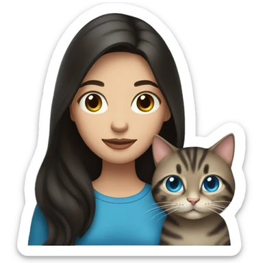 Woman with dark long hair and blue eyes holding a tabby cat  sticker