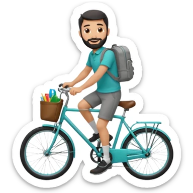 a man with a grey backpack and a torquoise byciycl and he has black shot=rt man hair and a beard with a polo grey shirt and dress pants and hes riding it with pants remeber sticker