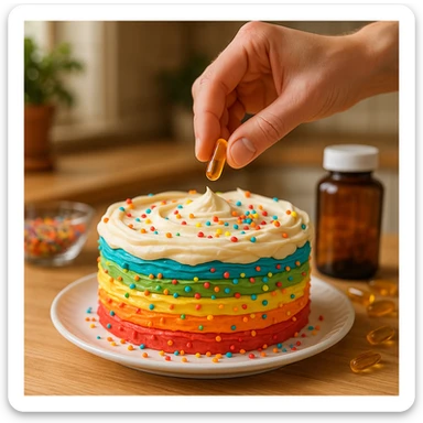 realistic style, joyful atmosphere, hand adding a dietary supplement capsule on a colorful cake, detailed, home kitchen sticker