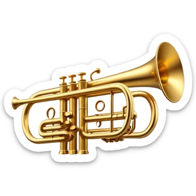 Cinematic Realistic Trumpet, rich golden brass with subtle tarnish marks, soft highlights emphasizing the intricate details, warm reflections of stage lighting bouncing off the metal, glowing with bold and triumphant energy. sticker