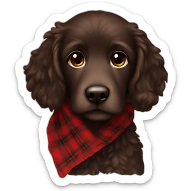 Dark chocolate colored doodle wearing a red and black flannel handkerchief sticker