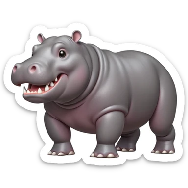 cinematic-hippo-realistic-full-body side view-standing on all fours-emoji,-massive-round-frame,-wide-mouthed-grin-exposing-huge-teeth,-head-tilted-dramatically,-thick-greyish-brown-hide-glossy-from-water,-simplified-yet-realistic-focused-features,-highly-detailed,-glowing-with-an-almost-sarcastic-glow sticker