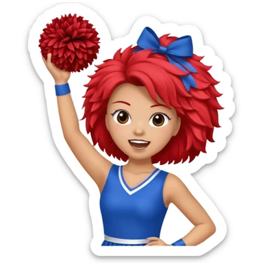 football cheerleader, holding big cheering pom, blue dress and red skin sticker