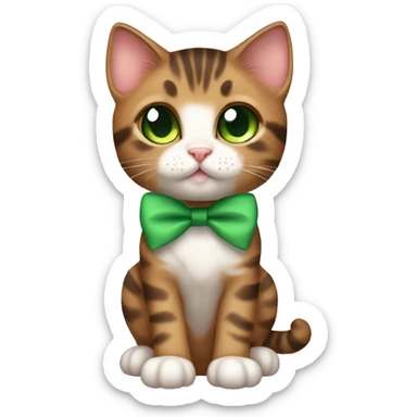 kawaii brown tabby kitten with green eyes and bow on top of head full body sticker