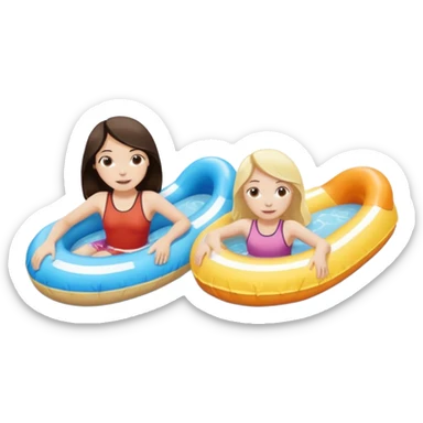 dark brown haired girl pale skin and blonde haired girl on the lazy river water slide 2 different circle floaties  sticker
