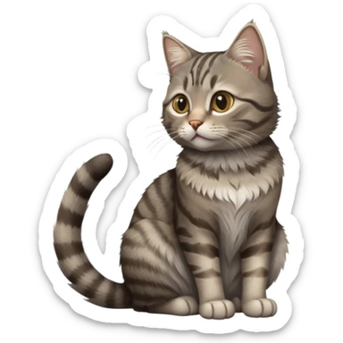 cinematic-[grey brown tabby cat]-realistic-full-body-sitting-emoji,-tail-curled-playfully-around-its-paws,-head-tilted-dramatically,-scruffy-[grey]-fur,-simplified-yet-realistic-focused-features,-highly-detailed,-glowing-with-an-almost-sarcastic-glow sticker
