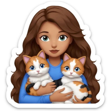 girl with long wavy brown hair, blue eyes, long lashes makeup, cuddling with 6 cute cats sticker