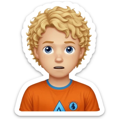 teenage boy with curly blond hair and blue eyes with freckles wearing an orange “Camp Halfblood” tshirt with the official percy jackson camp halfblood logo on it have hime doing a shocked face sticker
