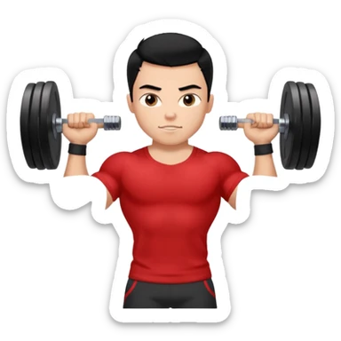 a pretty bratz boy with black hair and a red tshirt, big biceps picking up dumbells sticker