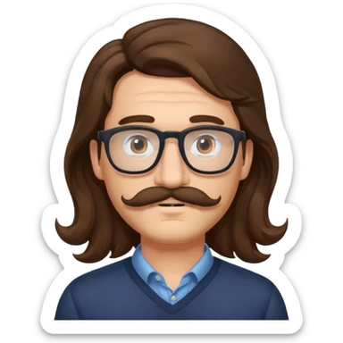 Man with long wavey brown haur glasses and mustache sticker