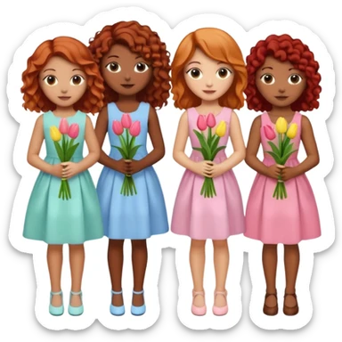 5 girls at a garden party wearing pastel dresses and holding tulips, one is black, one is blond, one has brown hair, one has red hair, one is mixed with curly hair sticker