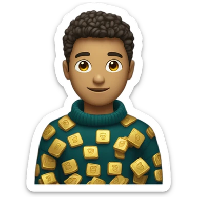 make a young man with a sweater who holds a lot of gold in one hand and has the linkedin logo in the other sticker