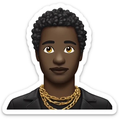 Black man with dark Makeup aroud the eyes. lipgloss on his lips. Disco hair. Perl chains around his neck. sticker