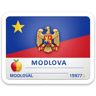 Moldova identification card for a business entity, apple emoji style, placeholder lines instead of text, featuring Moldova flag colors, generic card layout sticker