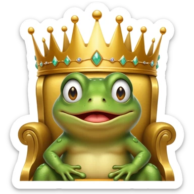 A cry frog wearing a crown, confidently sitting on a golden throne, cry tear from eyes, portrait, bust up sticker