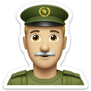 white man with small black mustache wearing green army hat sticker