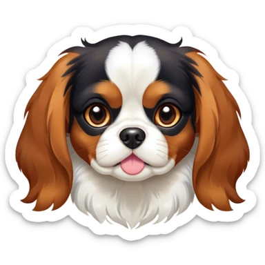 Cinematic Cute Tri-Colour Cavalier King Charles Spaniel Portrait Emoji, Head tilted playfully and inquisitively, silky tri-colour fur with vibrant black, crisp white, and warm tan patches, round, sparkling brown eyes filled with curiosity, Simplified yet irresistibly adorable features, highly detailed, glowing with a warm, friendly glow, high shine, affectionate and lively, stylized with a touch of whimsy, bright and endearing, soft glowing outline, capturing the essence of a mischievous yet loving pup, so playful it feels like it could pounce out of the screen and into your arms! sticker