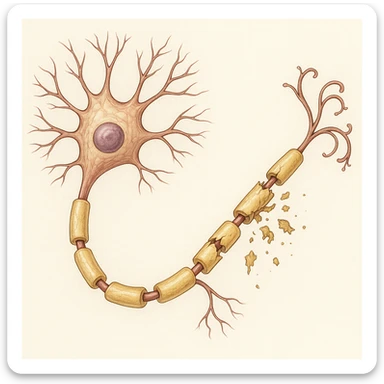 medical illustration of a neuron with its myelin sheath breaking down, detailed, clear anatomy sticker