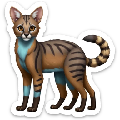 Realistic edgy bluish greyish blackish whitish silvery coppery Shiny Colorful Dusky Dark Gloomy Glossy Genet-Caracal-Lion-Bobcat-fusion-animal-hybrid-creature, full body, tufted ears, long thin tufted tail sticker