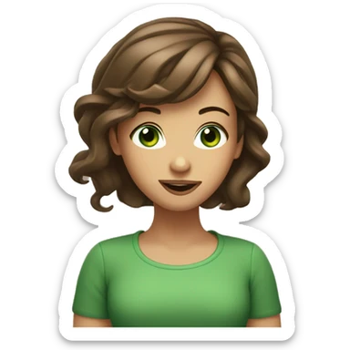a brown haired girl with green eyes rolled up with her tongue out sticker