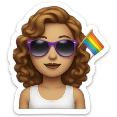 female with brown wavy hair rainbow flag and sunglasses  sticker