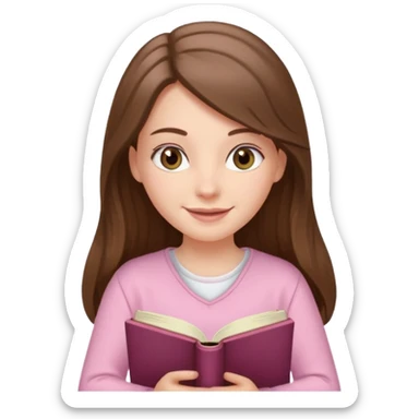happy white long brunette hair girl with hazel eyes wearing light pink reading a book  sticker