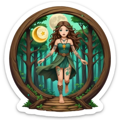 forest mystic woman long wavy brown hair tattoos stepping through small moon portal sticker