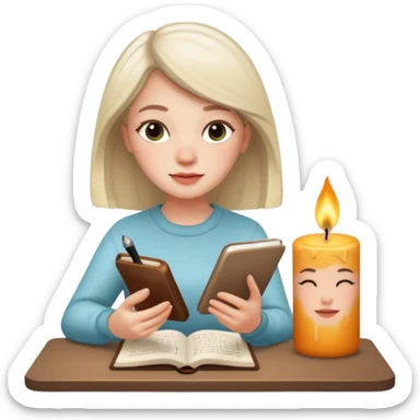 white-skinned 20-year-old woman, attractive, journaling with scented candle by her side, iPhone memoji style sticker