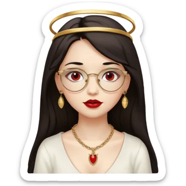 Angel girl with eyeglasses and long dark hair with red lipstick  and push gold necklaces and dark eyes sticker