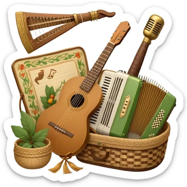 Create a warm and rustic emoji representing folk singing, using a humanless collage. The design should feature traditional folk instruments such as a balalaika, domra, or accordion, arranged around a vintage microphone to evoke a sense of community and storytelling. Include elements like a woven basket, traditional scarves, or musical notes to symbolize the connection to nature and heritage. Use earthy tones like brown, green, and gold, with subtle accents to emphasize the folk style. The background should be transparent. sticker