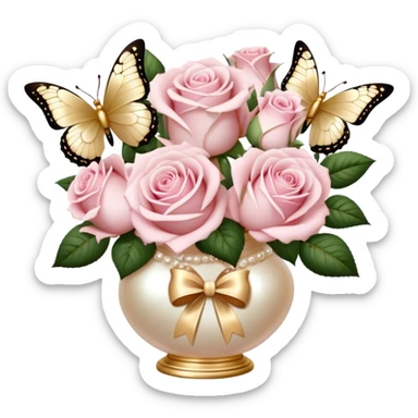 Realistic aesthetic bouquet of roses. Three white and three light pink in a pearl vase and a beige bow with gold decoration and a butterfly with gold and beige wings sticker