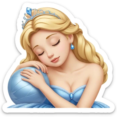 Cinematic Realistic Sleeping Cinderella Portrait, portrayed with exceptional realism: her luminous porcelain skin and exquisitely detailed golden-blonde hair lie softly under the gentle caress of natural light. Her eyes are peacefully closed in a serene, dreamlike slumber, and every fold and shimmer of her iconic ball gown is rendered with painstaking detail. The overall composition radiates a quiet, enchanting glow that encapsulates the timeless, restful beauty of a princess lost in a gentle, magical dream. sticker